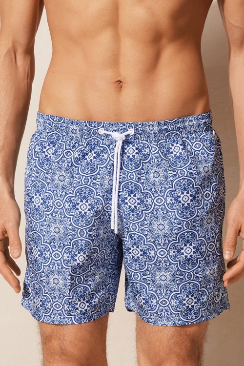 Intimissimi Blue Majolica Print Swim Trunks Blue - 263j - White Blue Majolica Print | 2584BJMDR