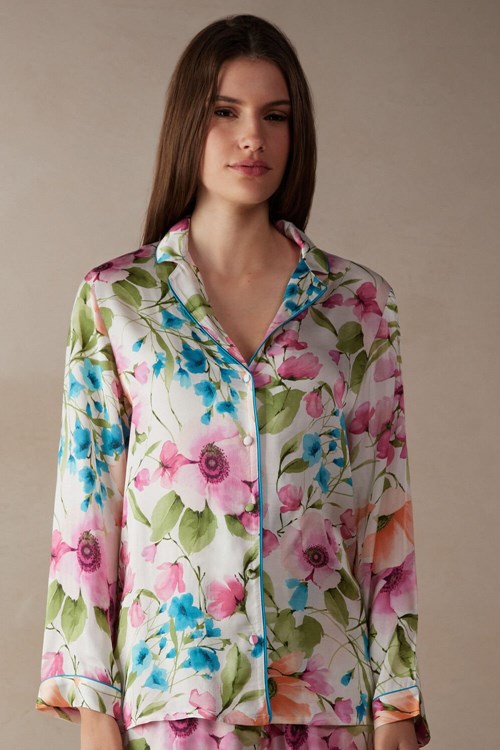 Intimissimi Botanical Lyrics Satin Button Up Shirt Print - 228j - Botanical Lyrics Print | 5746JHGUW