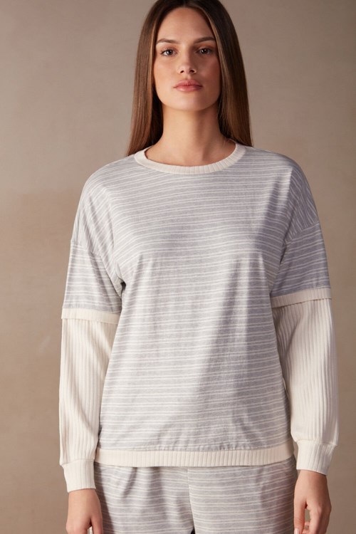 Intimissimi Casual Sunday Long Sleeve Top White - 224j - Heather Gray / Vanilla Beige Stripe | 7842XZYTB