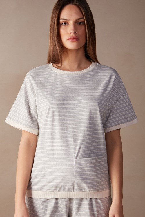 Intimissimi Casual Sunday Short Sleeve Top White - 224j - Heather Gray / Vanilla Beige Stripe | 5206HQYVN