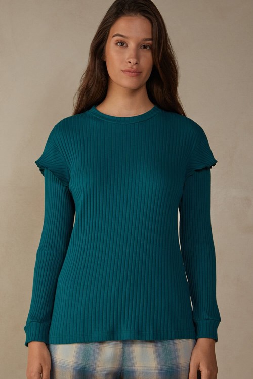 Intimissimi Cozy Mountains Long Sleeve Ribbed Top Green - 4572 - Evergreen | 3128YNRKL