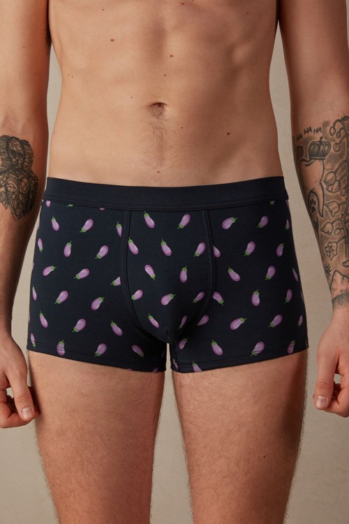 Intimissimi Eggplant Boxers in Stretch Supima® Cotton Blue - 181j - Midnight Blue Eggplant Print | 0812SVNUI