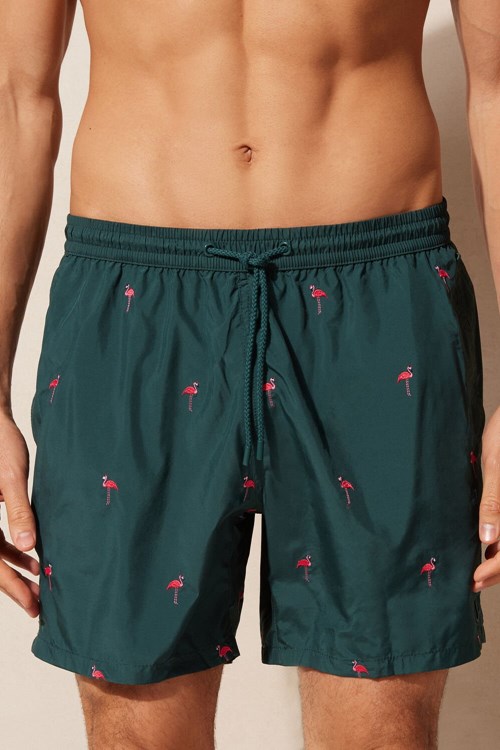 Intimissimi Embroidered Flamingo Swim Trunks Green - 254j - Dark Green Flamingo Embroidery | 0137NFDOX