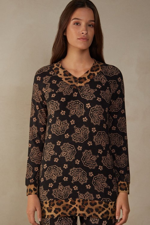 Intimissimi Lady Animalier Long Sleeve Modal Top Print - 146j - Black Paisley / Animal Print | 0946QCYSX