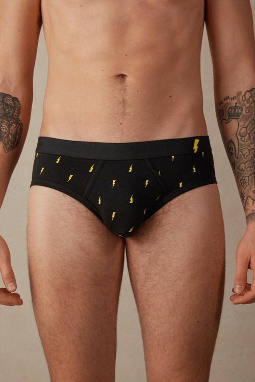 Intimissimi Lightning Bolt Briefs in Stretch Supima® Cotton Black - 197j - Black Lightning Print | 5324WESYR