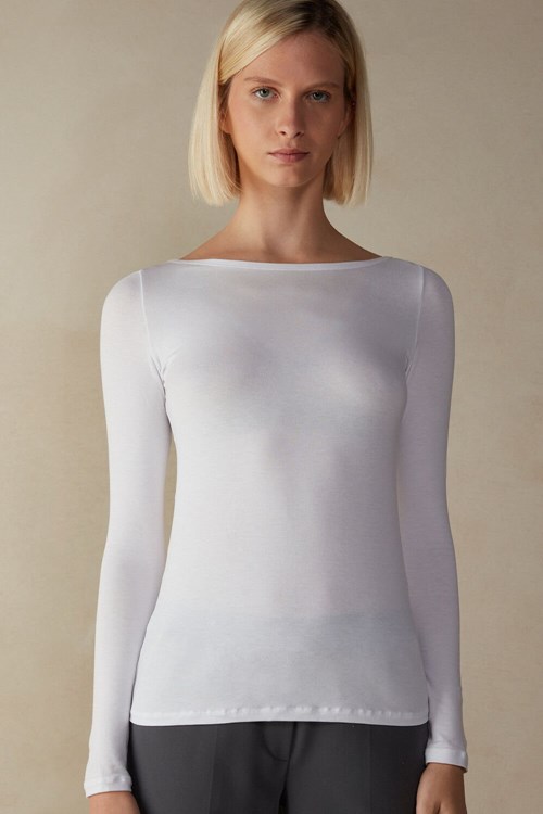 Intimissimi Long Sleeve Bateau Neck Top in Micromodal White - 7478 - Milk White | 5602UWCYB