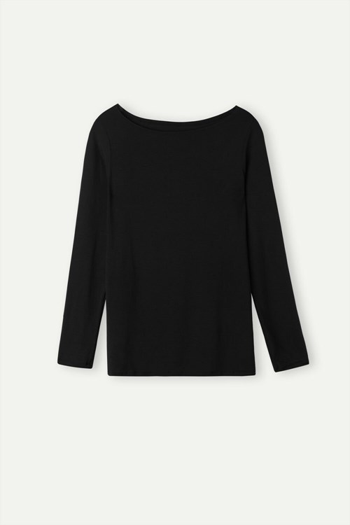 Intimissimi Long Sleeve Bateau Neck Top in Micromodal Black - 019 - Black | 6349ENLHT