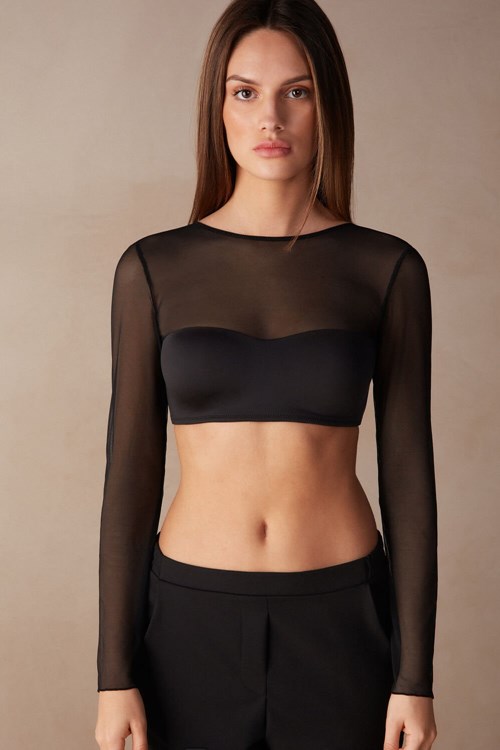 Intimissimi Long Sleeve Bra Top in Ultralight Microfiber and Tulle Black - 019 - Black | 7810EOJAL