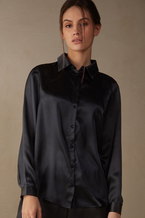 Intimissimi Long Sleeve Silk Shirt Black - 019 - Black | 6230DPNGJ