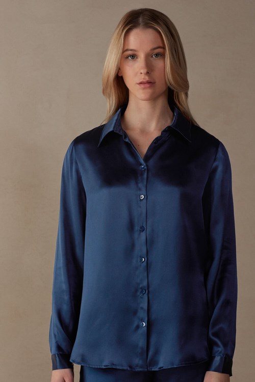 Intimissimi Long Sleeve Silk Shirt Blue - 1467 - Intense Blue | 9310IHXQJ