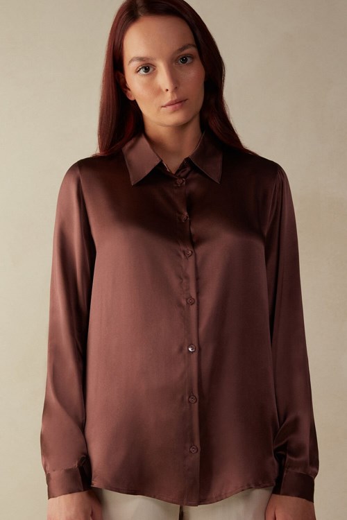 Intimissimi Long Sleeve Silk Shirt Brown - 002j - Nutmeg Brown | 9426KRCLI