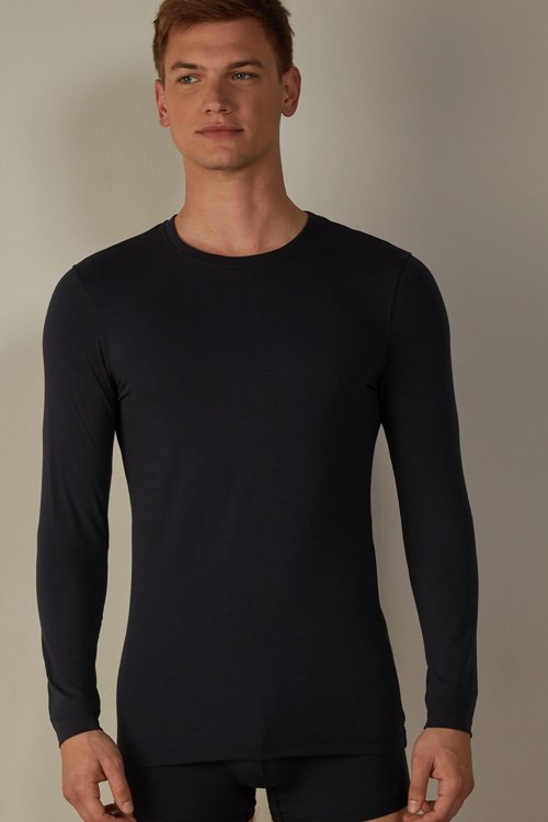 Intimissimi Long-Sleeve Stretch Supima Cotton Top 800 - Midnight Blue | 6954AFYIW