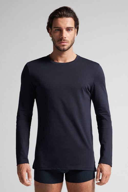 Intimissimi Long-Sleeve Supima® Cotton Top Blue - 800 - Midnight Blue | 5439NWMUA