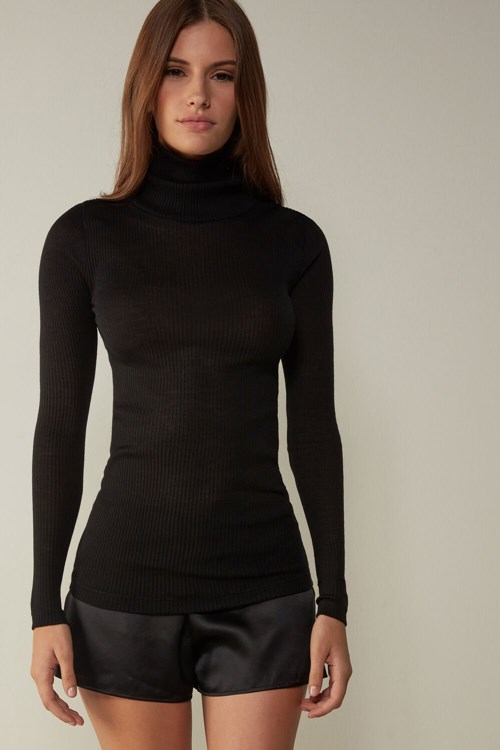 Intimissimi Long-sleeve High-Neck Tubular Top in Wool and Silk Black - 019 - Black | 7260TSBFE