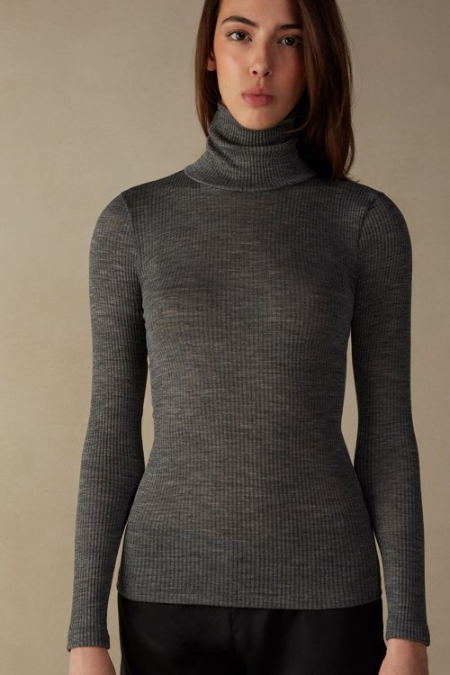 Intimissimi Long-sleeve High-Neck Tubular Top in Wool and Silk Grey - 7481 - Aluminium Grey Blend | 9613ULYQK