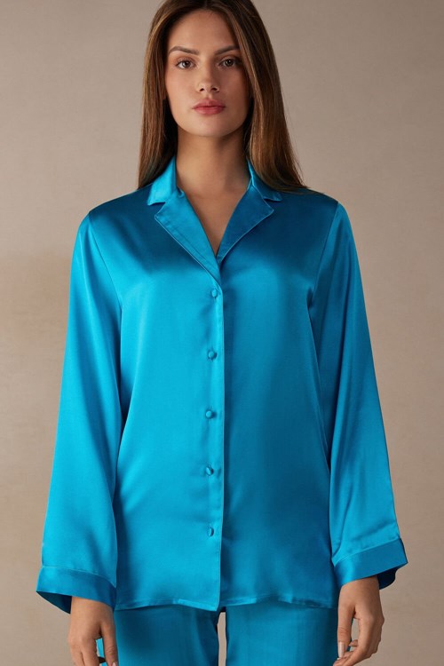 Intimissimi Mannish-Cut Jacket in Silk Satin Blue - 210j - Digital Turquoise | 1582SHDUZ