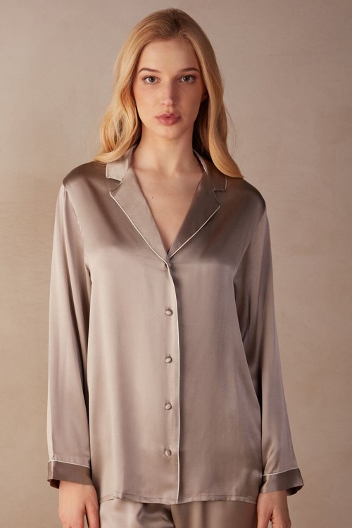 Intimissimi Mannish-Cut Jacket in Silk Satin Natural - 651i - Powder Beige | 7543QCBHT