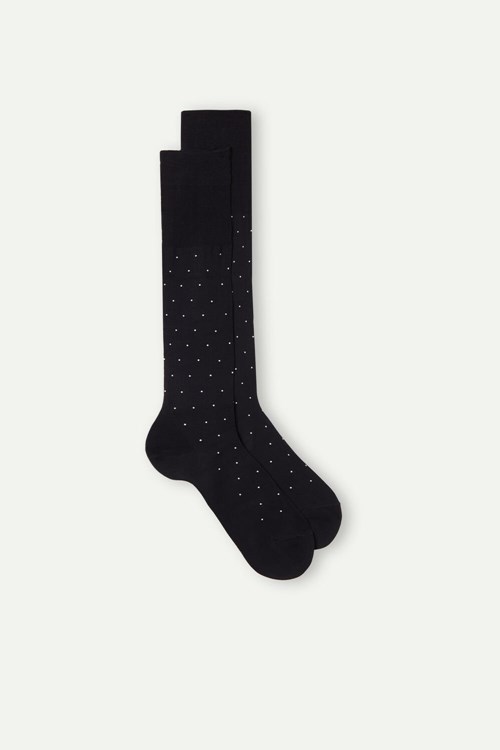 Intimissimi Men’s Long Socks in Patterned Lisle Cotton Black - 062j - Black Dot Print | 7628DQSVW