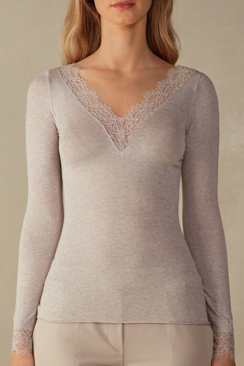 Intimissimi Modal Cashmere Ultralight Long Lace Shirt Natural - 7525 - Heather Shell Beige | 3612ESFWN