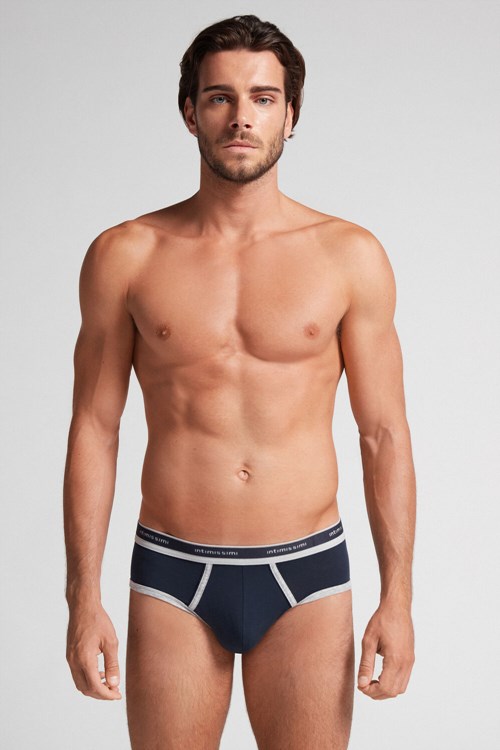 Intimissimi Natural Fresh Supima® Cotton Briefs with Logo Blue - 320j - Midnight Blue / Light Heather Grey | 9087DLAKN