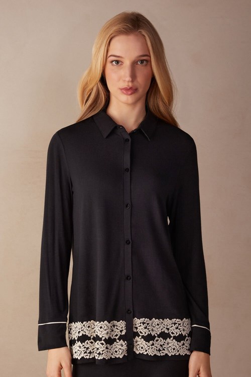 Intimissimi Pretty Flowers Button Up Shirt in Modal Multicolor - 9887 - Black / Ivory | 1829SLINE