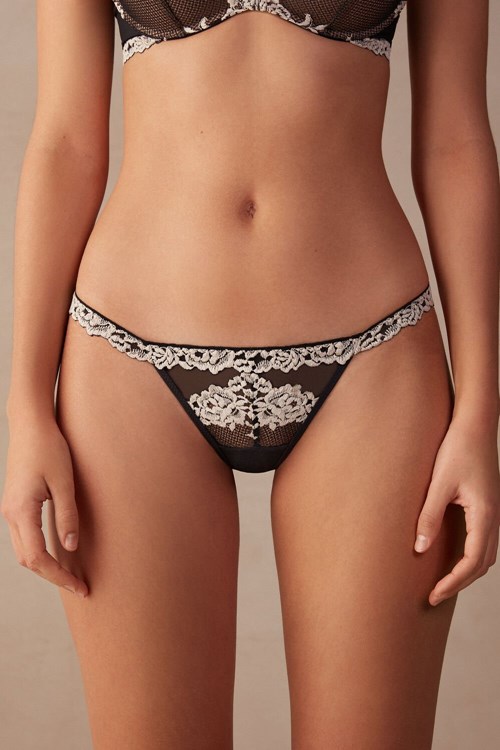 Intimissimi Pretty Flowers String Thong Multicolor - 9887 - Black / Ivory | 8042DFQYR