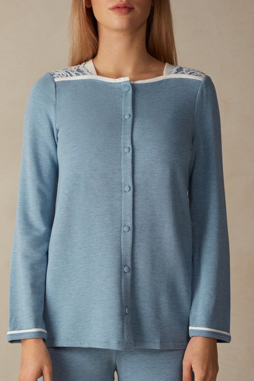 Intimissimi Romantic Bedroom Button Up Top in Modal with Wool Light Blue - 145j - Light Blue Heather / Powder | 7184HCIPF