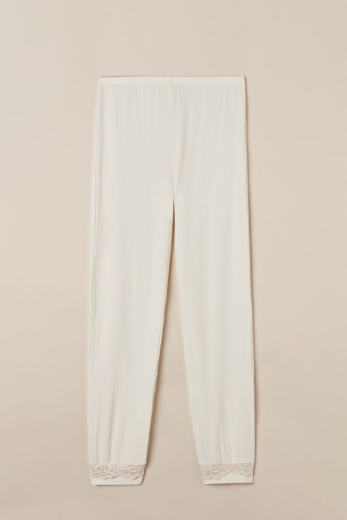 Intimissimi Romantic Bedroom Cuffed Full Length Pants in Modal with Wool White - 157j - Powder White / Dusty Pink | 3271MSYJH