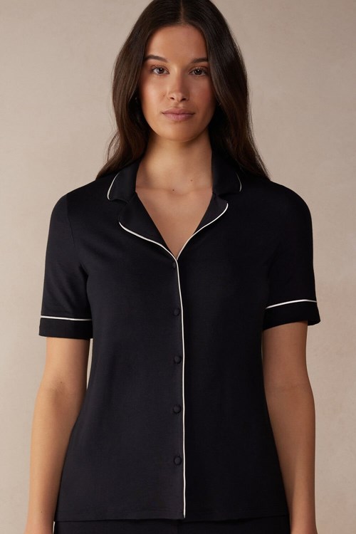 Intimissimi Short Sleeve Button Up Shirt in Modal Black - 019 - Black | 8492VZHYC