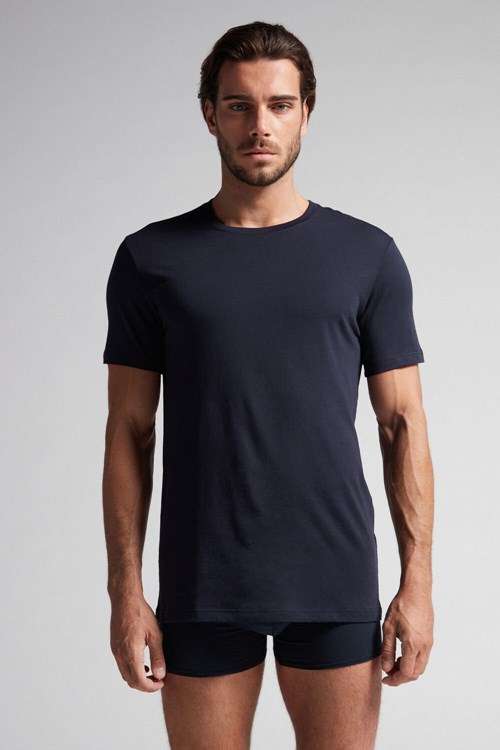 Intimissimi Short Sleeve Crew Neck T Shirt in Supima® Cotton 800 - Midnight Blue | 3486LRBPC