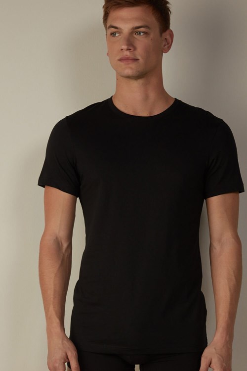 Intimissimi Short Sleeve Crew Neck T Shirt in Supima® Cotton Black - 019 - Black | 6759RPWYT