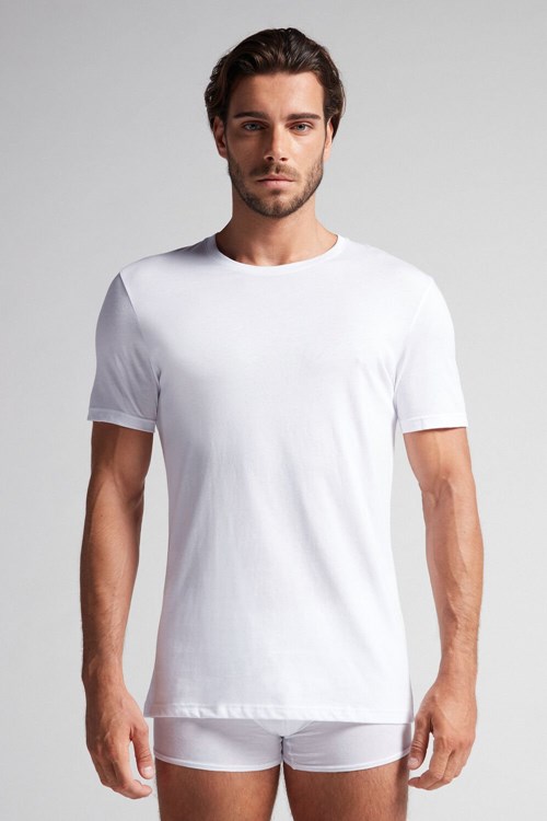 Intimissimi Short Sleeve Crew Neck T Shirt in Supima® Cotton White - 001 - White | 9402HUZMG