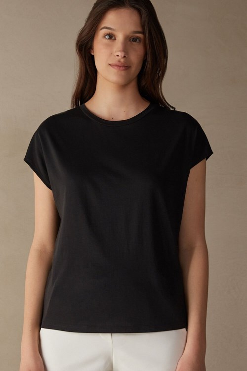 Intimissimi Short Sleeve Crew Neck Top in Supima® Ultrafresh cotton Black - 019 - Black | 8462HBTMS