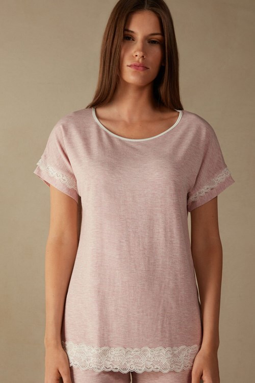 Intimissimi Short-Sleeve Modal Top with Lace Detail Pale Pink - 008j - Heathered Light Pink | 3094MCAWX