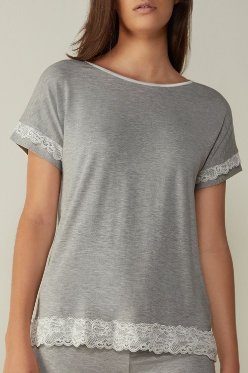 Intimissimi Short-Sleeve Modal Top with Lace Detail Grey - 031 - Light Heathered Grey | 9720TEWDA