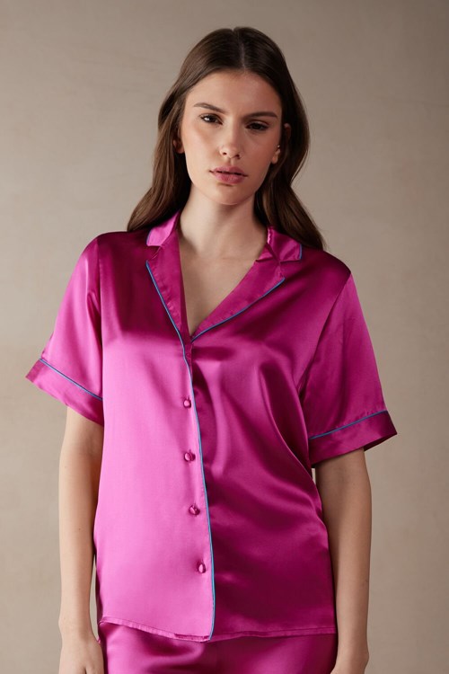 Intimissimi Short Sleeve Silk Shirt with Contrast Trim Pink - 206j - Valentine Pink | 5893LXNVT