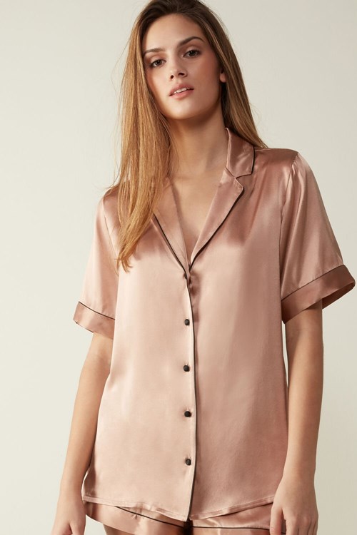 Intimissimi Short Sleeve Silk Shirt with Contrast Trim Natural - 163i - Satin Pink | 8406ZDPAO