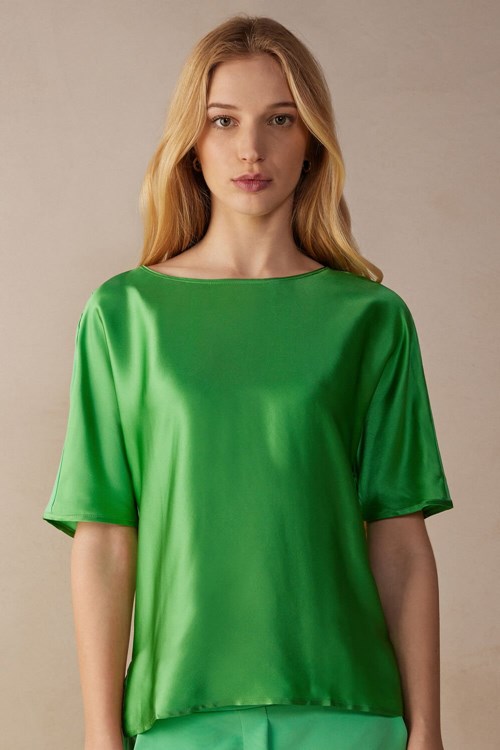 Intimissimi Short Sleeve Silk and Modal Top Green - 218j - Apple Mint | 0154MXFLE