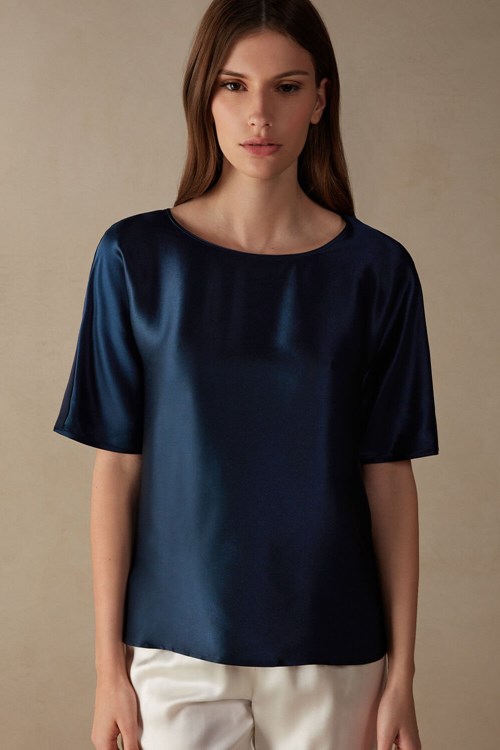 Intimissimi Short Sleeve Silk and Modal Top Blue - 1467 - Intense Blue | 1420RYZTU