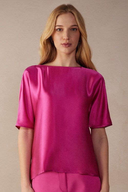 Intimissimi Short Sleeve Silk and Modal Top Pink - 206j - Valentine Pink | 3718RBZXA