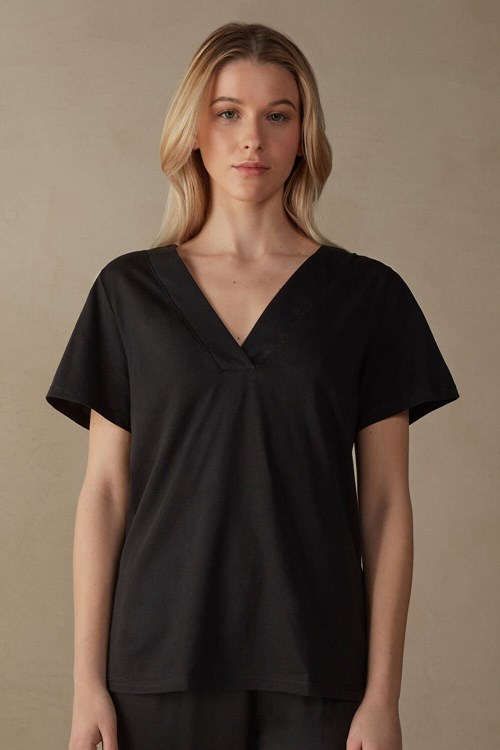 Intimissimi Short Sleeve V-neck Top in Supima® Ultrafresh Cotton Black - 019 - Black | 5931JCTIH