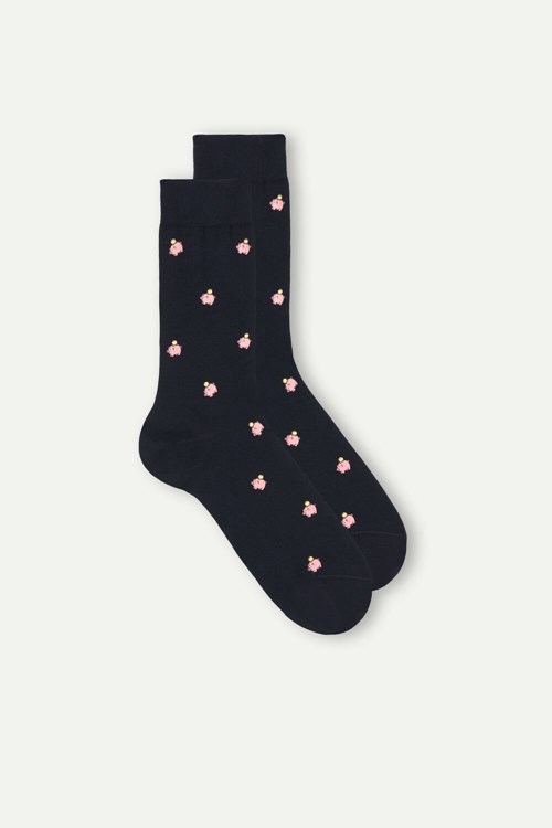 Intimissimi Short Socks in Patterned Cotton Blue - 190j - Dark Blue Piggy Bank Print | 8263PXLSW