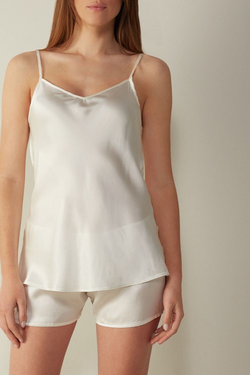 Intimissimi Silk Satin Top with V-neckline Ivory - 2127 - Talc White | 8043JAKWG