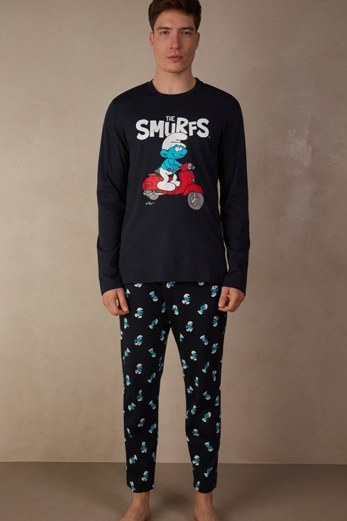 Intimissimi Smurfs Full Length Cotton Pajamas Blue - 800 - Midnight Blue | 5086SODFP