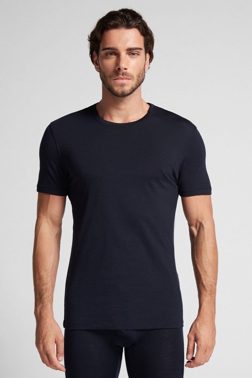 Intimissimi Stretch Merino Wool Short-Sleeve T-Shirt Blue - 800 - Midnight Blue | 6208VYJAS