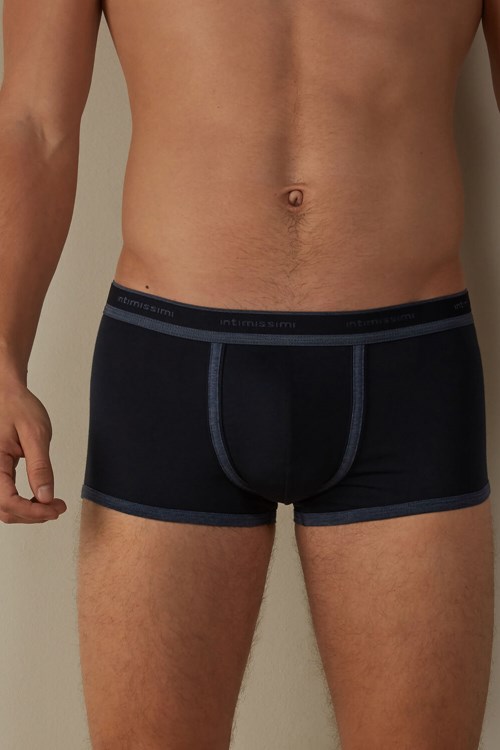 Intimissimi Stretch Supima® Cotton Boxer Shorts with Logo Detail Blue - 844i - Midnight Blue / Heathered Denim Blue | 3721AMVHN