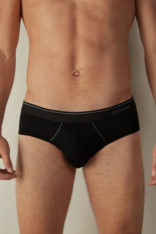 Intimissimi Supima Cotton Briefs with Visible Elastic Black - 7007 - Black / Heathered Graphite Grey | 4685QJUPE