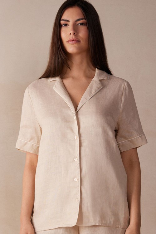 Intimissimi Yacht Night Linen Short Sleeve Shirt Natural - 913i - Rope Beige | 6025QGLME