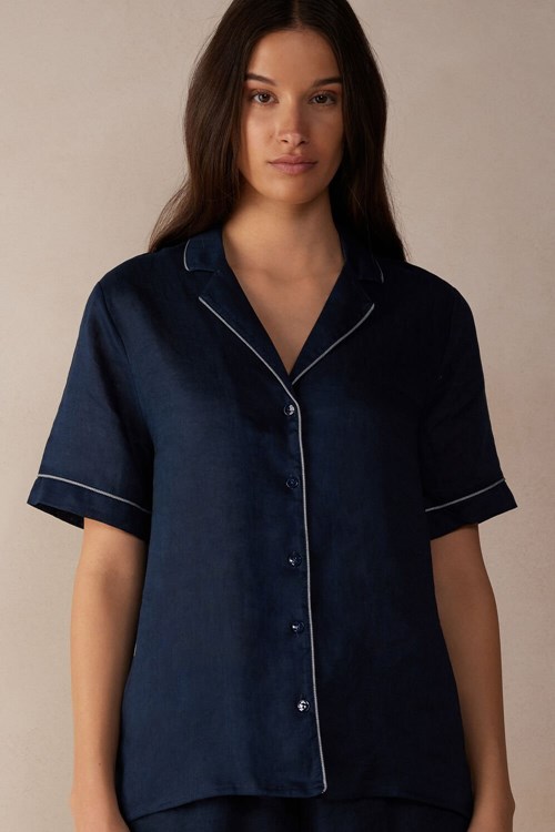 Intimissimi Yacht Night Linen Short Sleeve Shirt Blue - 243j - Sailor Blue | 9467TWYJI