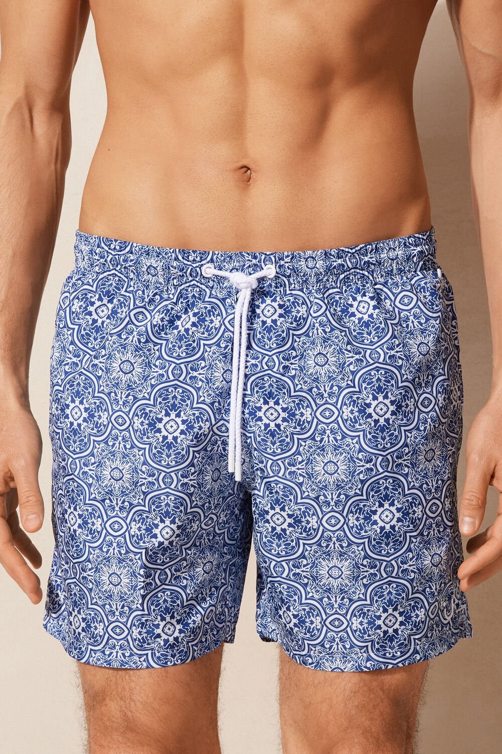 Intimissimi Blue Majolica Print Swim Trunks Blue - 263j - White Blue Majolica Print | 2584BJMDR